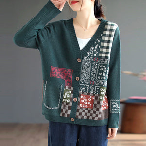 Áo khoác len cashmere dài tay cổ V hoa văn trừu tượng - NU7722