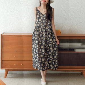 Đầm liền linen hai dây cổ V in hoa lá - NU7071