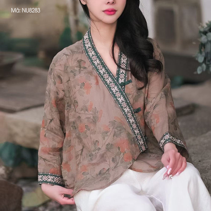 Áo sơ mi linen dài tay cổ V vạt chéo khuy tròn in hoa lá - NU8283