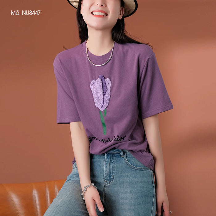 Áo T-shirt ngắn tay cổ tròn thêu hoa tulip - NU8447
