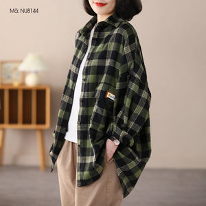 Áo sơ mi dài tay cổ đức kẻ caro form rộng - NU8144