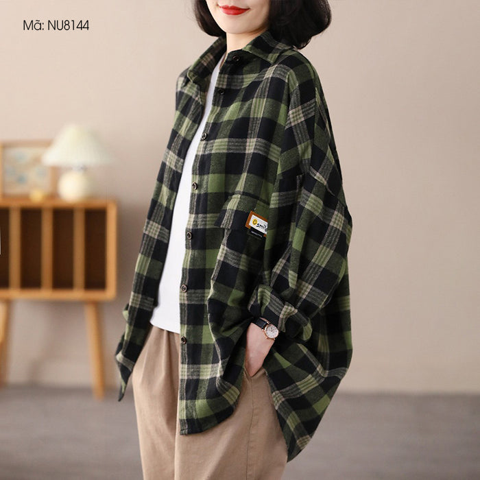 Áo sơ mi dài tay cổ đức kẻ caro form rộng - NU8144