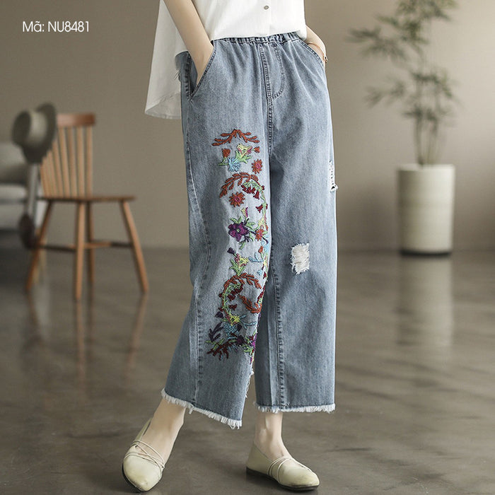 Quần baggy denim lưng thun thêu hoa lá ống tua rua - NU8481