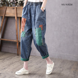 Quần baggy denim lưng thun thêu chắp vá hai túi chéo - NU8204