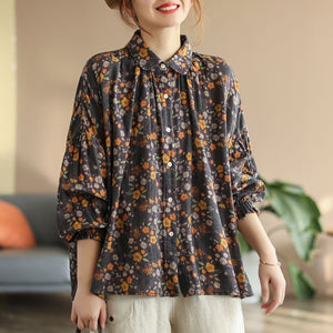 Áo sơ mi linen dài tay cổ pipi xếp ly in hoa liti  - NU6719