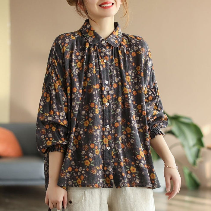 Áo sơ mi linen dài tay cổ pipi xếp ly in hoa liti  - NU6719