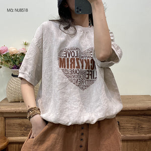 Áo T-shirt linen ngắn tay in typography trái tim - NU8518