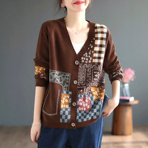 Áo khoác len cashmere dài tay cổ V hoa văn trừu tượng - NU7722
