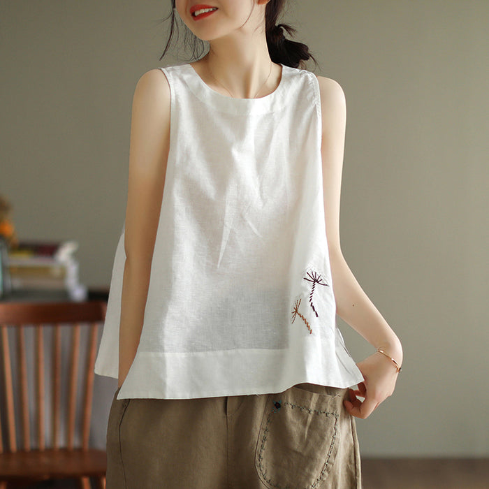 Áo T-shirt linen sát nách cổ tròn thêu hoa bồ công anh - NU6987