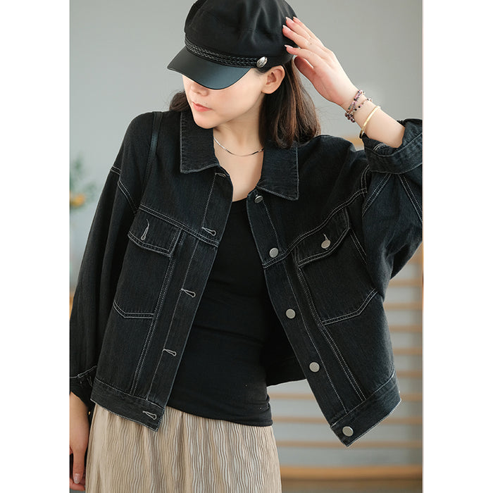 Áo khoác denim dài tay cổ đức hai túi chỉ nổi - NU7706