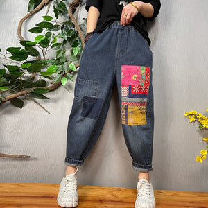 Quần baggy denim lưng thun chắp vá hoa văn thổ cẩm - NU6731