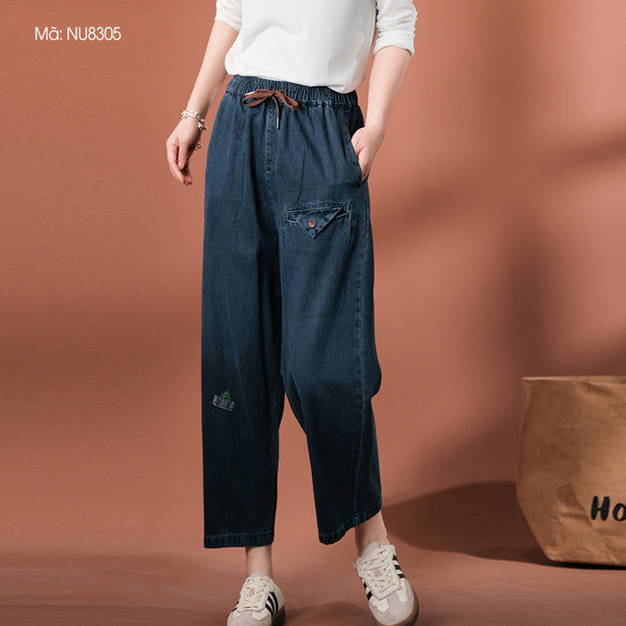 Quần baggy denim lưng thun dây rút túi nắp tam giác - NU8305