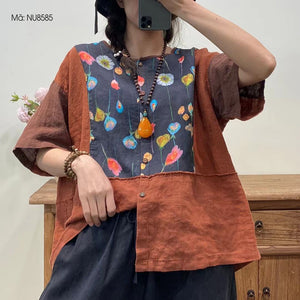 Áo sơ mi linen ngắn tay cổ tròn in hoa lá trước ngực - NU8585