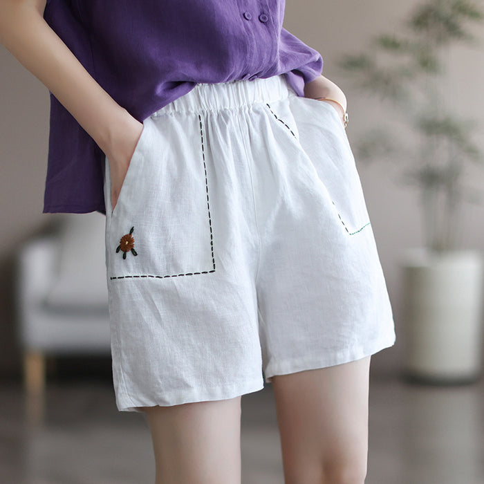 Quần sooc linen lưng thun hai túi vuông thêu bông hoa nhỏ - NU6883