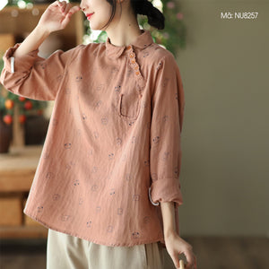 Áo sơ mi linen dài tay cổ pipi in hình ngộ nghĩnh - NU8257