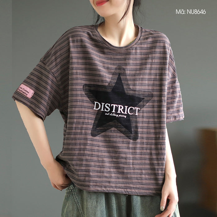 Áo T-shirt ngắn tay cổ tròn kẻ sọc in hình ngôi sao - NU8646