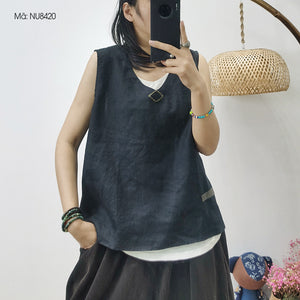 Áo T-shirt linen sát nách cổ V đơn sắc - NU8420
