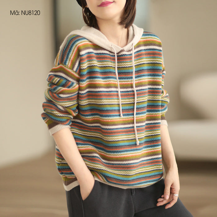Áo hoodies len dệt kim dài tay kẻ sọc sắc màu - NU8120