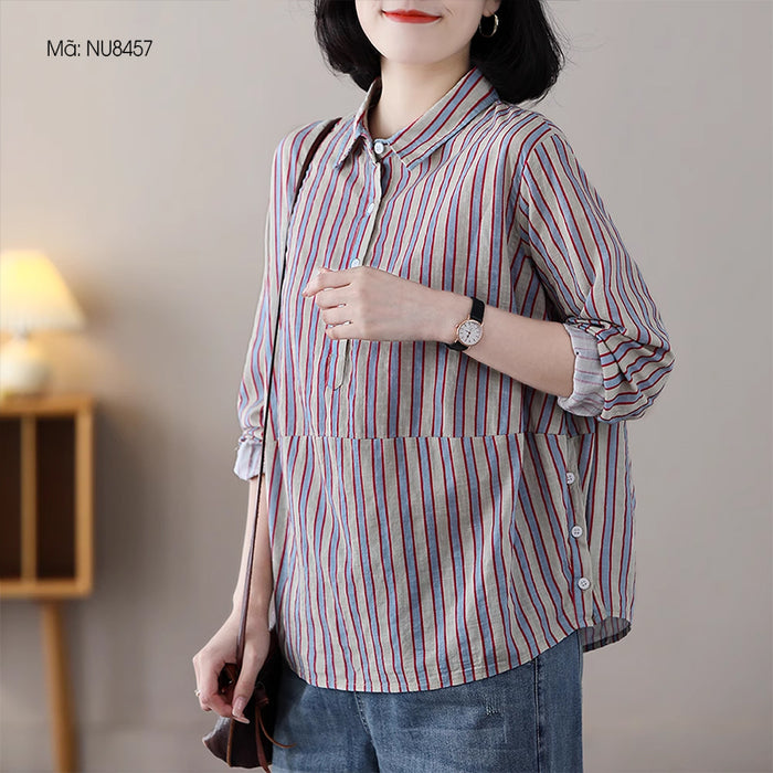 Áo sơ mi linen dài tay cổ đức kẻ sọc khuy vạt áo - NU8457