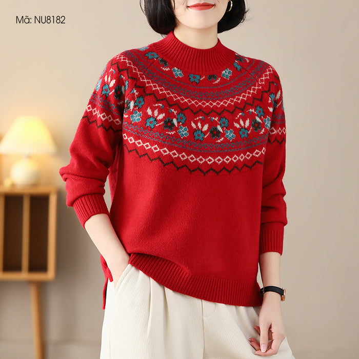 Áo len đan dài tay cổ lọ hoa văn retro trước ngực - NU8182
