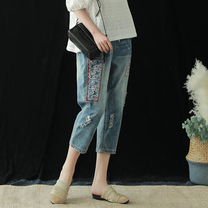 Quần baggy denim lưng thun dây rút thêu họa tiết cổ - NU6810