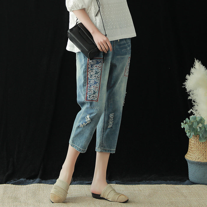 Quần baggy denim lưng thun dây rút thêu họa tiết cổ - NU6810