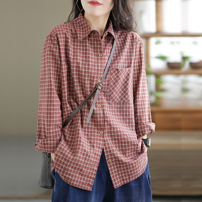 Áo sơ mi linen dài tay cổ đức kẻ sọc caro một túi vuông - NU7688