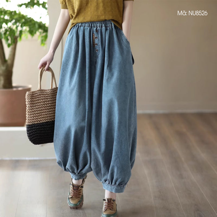 Quần baggy denim alibaba lưng thun ống túm khuy kiểu - NU8526
