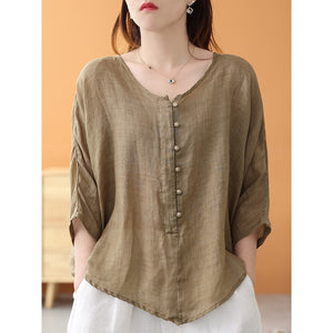 Áo sơ mi linen ngắn tay khuy tròn kiểu đuôi tôm - NU7459