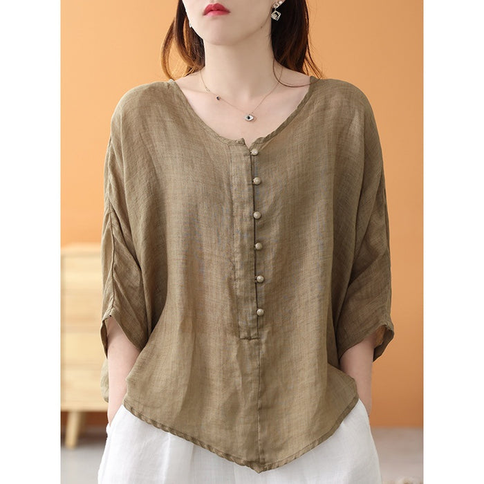 Áo sơ mi linen ngắn tay khuy tròn kiểu đuôi tôm - NU7459