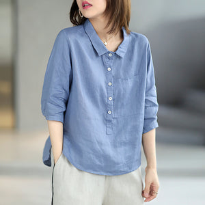 Áo sơ mi linen ngắn tay cổ đức khuy cài sát túi - NU5604
