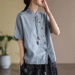 Áo sơ mi linen ngắn tay cổ đứng khuy tròn cài lệch - NU6918