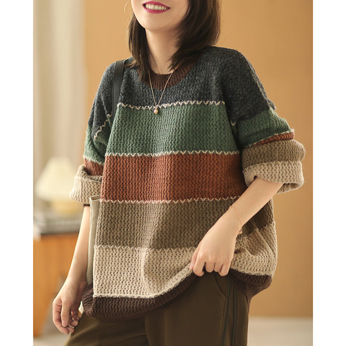 Áo len đan dài tay cổ tròn kẻ sọc màu  - NU6136