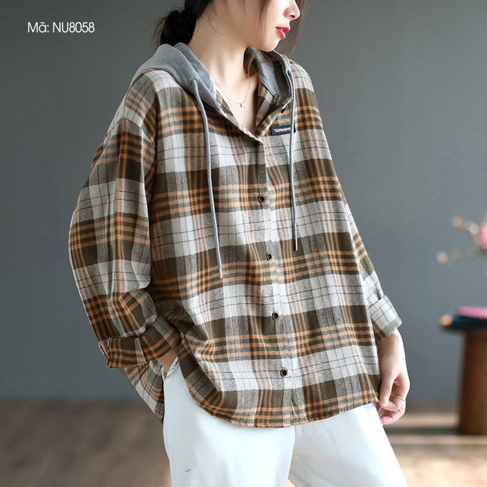Áo sơ mi dài tay có mũ kẻ sọc caro - NU8058