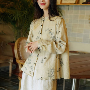 Áo sơ mi linen dài tay cổ đứng in màu nước một túi vuông - NU6740