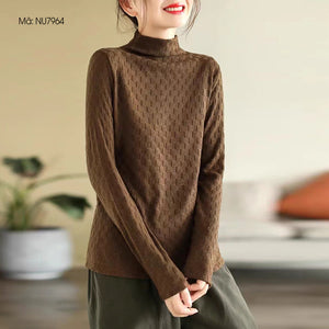 Áo T-shirt len cashmere dài tay cổ lọ kiểu ô vuông - NU7964