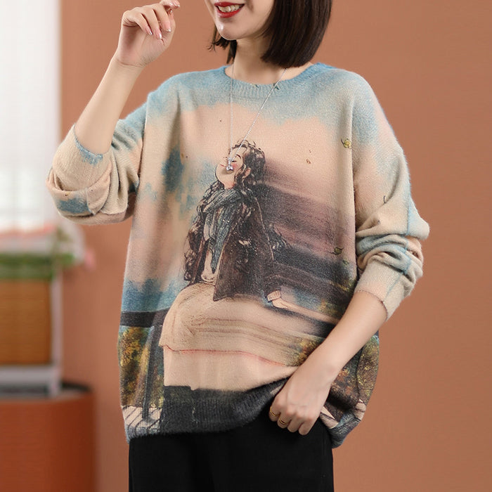 Áo len cashmere dài tay cổ tròn in cô gái - NU7777