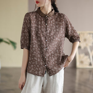 Áo sơ mi linen ngắn tay cổ pipi in hoa lá  - NU6834