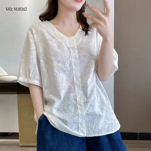 Áo sơ mi ngắn tay cổ V in hoa lá chìm - NU8362