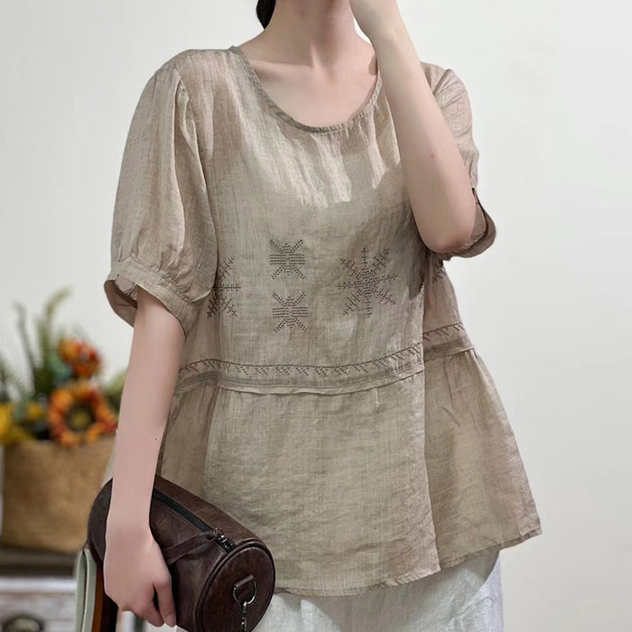 Áo sơ mi linen ngắn tay cổ tròn thêu bông tuyết khuy cài sau - NU7473