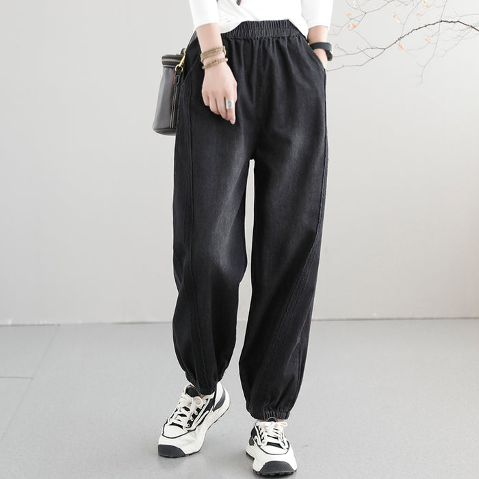 Quần baggy denim lưng thun thêu ren hoa lá - NU7603