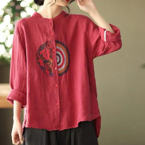 Áo sơ mi linen dài tay cổ tàu thêu hoa văn retro trước ngực - NU6708