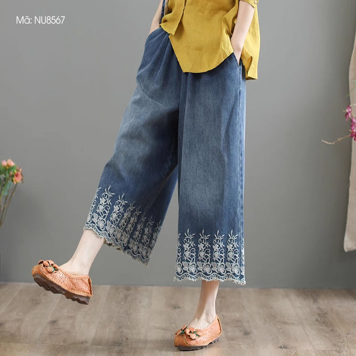 Quần baggy denim lưng thun ống rộng thêu hoa lá - NU8567