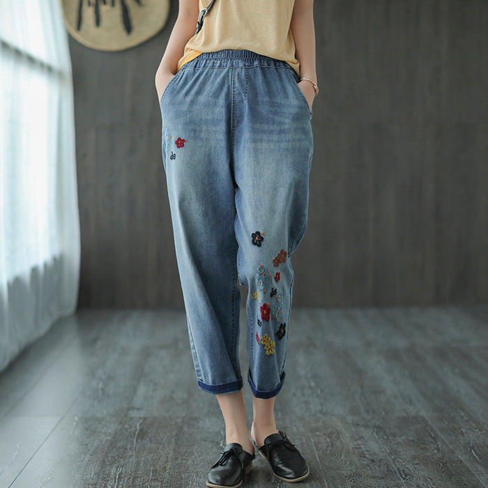 Quần baggy denim lưng thun thêu chữ và những bông hoa - NU6698