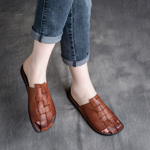 Dép da retro đế bệt kiểu đan caro - OD0788