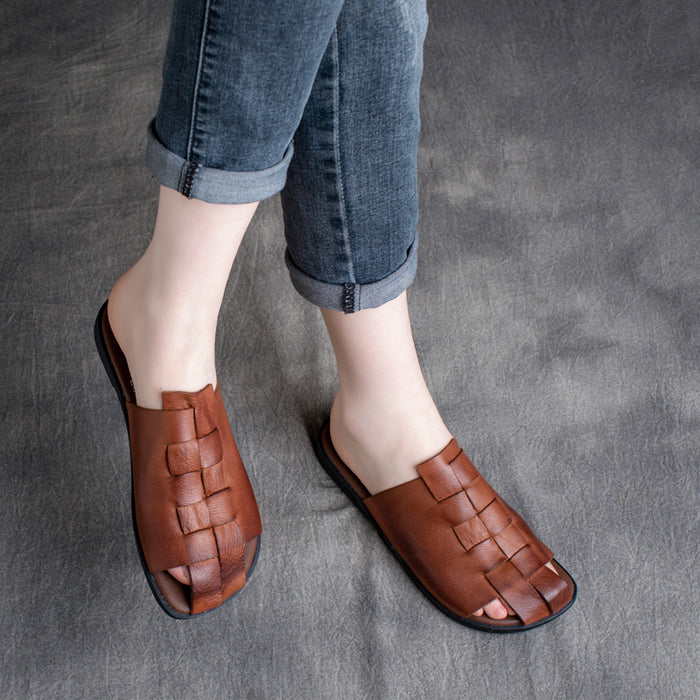 Dép da retro đế bệt kiểu đan caro - OD0788