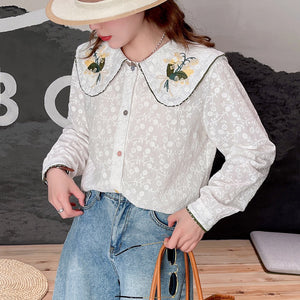 Áo sơ mi linen Morigirl dài tay cổ áo thêu đối xứng - NU8322