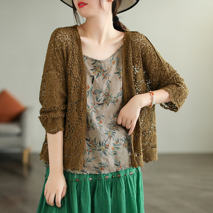 Áo khoác cardigan dệt kim ngắn tay thêu hoa lá - NU7550