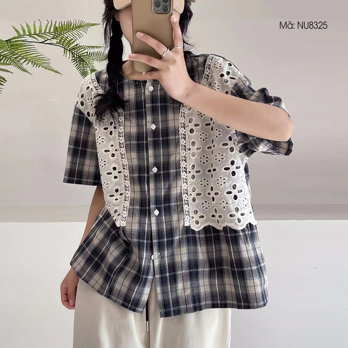 Áo sơ mi Morigirl ngắn tay cổ tròn phối ren đối xứng - NU8325