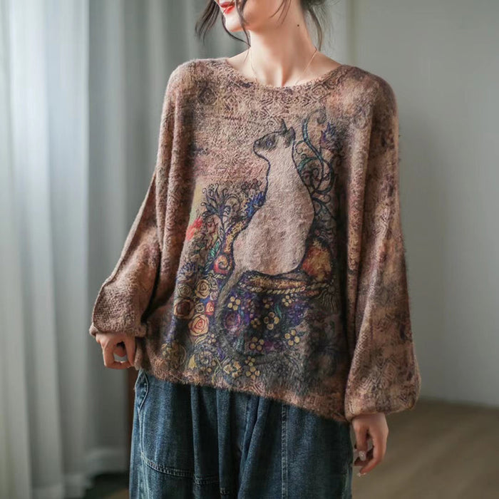 Áo len cashmere dài tay vườn hoa và chú mèo - NU7731